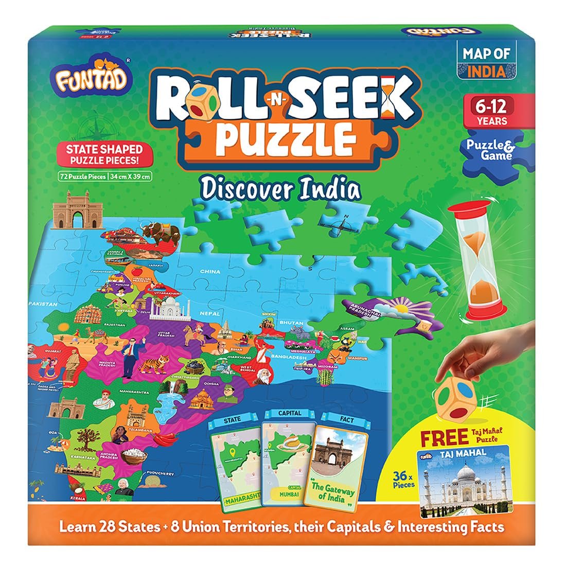 Roll N Seek India Map - Educational Board Game & Puzzle